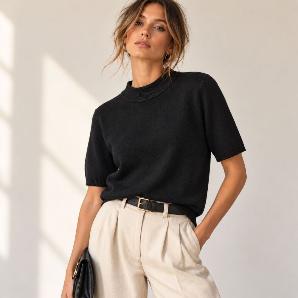 Vintage Sag Harbor Black Mock Neck Short Sleeve Knit Sweater